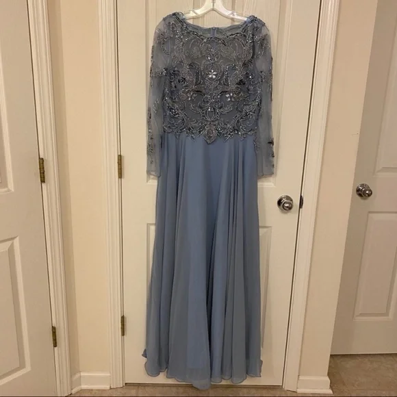 XSCAPE Petite Sequin Embellished Long Sleeve BoatNeck Chiffon Gown in Dusty Blue - Picture 5 of 10